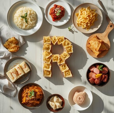 Pratos Letra R culinária: risotto ravioli ragu romeu julieta risoles ratatouille rocambole mesa clara elegante receitas