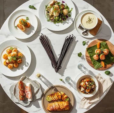 Pratos Letra V culinária: vieiras vichyssoise rolinhos vietnamitas vinagrete vegetais vol-au-vent mesa elegante receitas