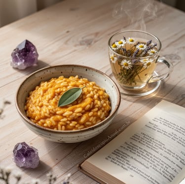 Risoto de Abóbora com Sálvia, servido numa cerâmica, ao lado de duas ametista, uma xícara transparente de chá de Camomila.