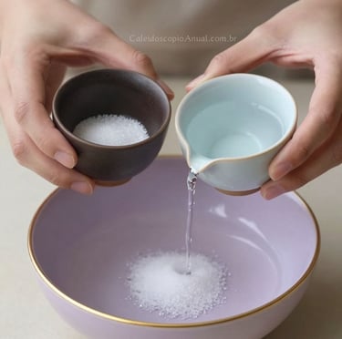 Duas mãos seguram duas xícaras de cerâmica simples e belas. Uma de cor escura com sal e outra clara com água.