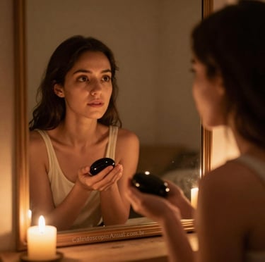 Ritual espelho auto-reflexão: vela ônix olhar profundo verdades pessoais perguntas importantes libertação