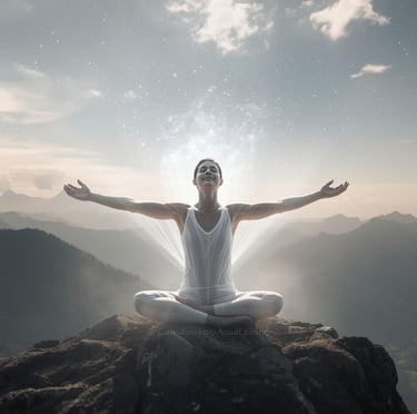 Mulher de braços abertos no alto de uma montanha, a frente de um vale montanhoso banhado pela luz do Sol Divina