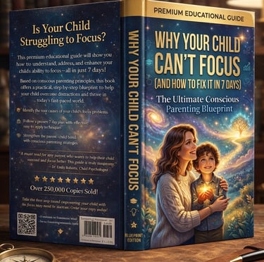 A conscious parenting book titled Why Your Child Can't Focus, displayed on a desk with a mother and child illustration.