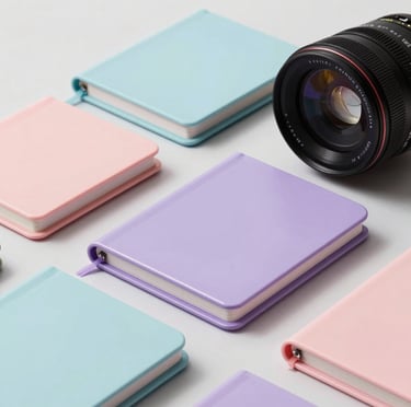 A high-quality studio photo of pastel-colored custom 3D printed objects and modern creative stationery notebooks with shiny lilac highlights.