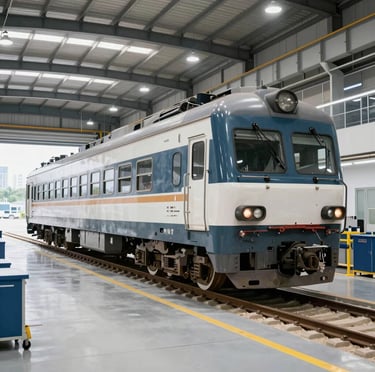 Engineers inspecting a polished steel railway carriage under bright industrial lighting.