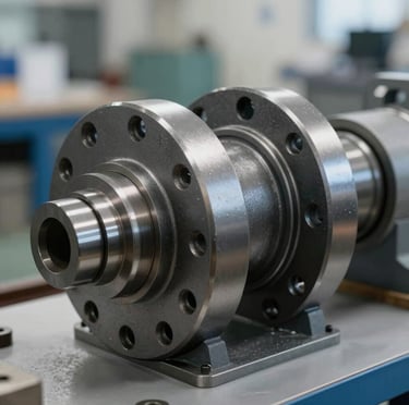 Close-up of a sleek, modern tram wheel assembly in a high-tech workshop.