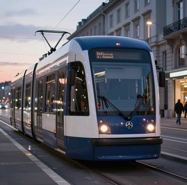 Night view of a tram system illuminated by subtle blue and steel gray lighting.