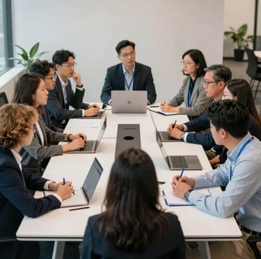 A wide shot of a collaborative meeting in a North American / US tech firm, featuring a diverse group of professionals discussing a project around a white table with black accents.