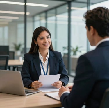 A Latin American / Hispanic Enterprise recruiter conducting a job interview with a candidate in a modern corporate glass office.