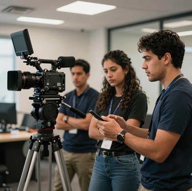 A professional video production crew capturing marketing content with cameras and studio light accents in a Latin American / Hispanic Enterprise corporate setting.
