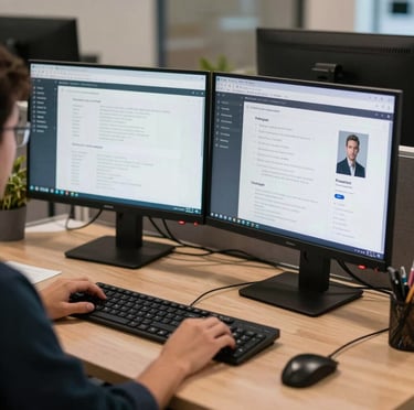 A digital graphic designer crafting modern brand UI layout prototypes on dual monitors in a high-tech Latin American / Hispanic Enterprise agency workspace.