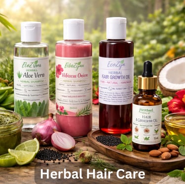 Natural herbal hair care products including aloe vera shampoo, hibiscus onion oil, and growth serum with botanical