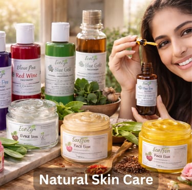 A smiling woman uses natural skin care products including herbal face washes, creams, and facial oils.