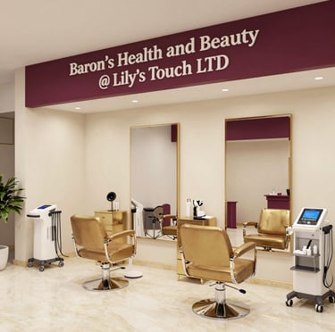 Elegant salon interior featuring gold and wine accents with a stylist gently working on a client's afro hair.