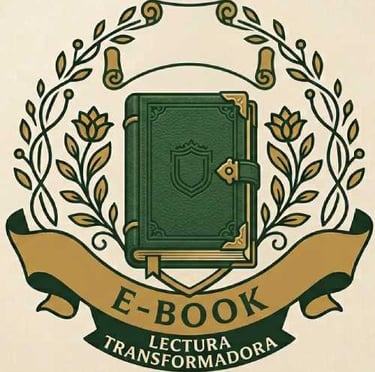 Icono elegante de un libro verde con ornamentos dorados y la inscripción 'E-BOOK LECTURA TRANSFORMAD