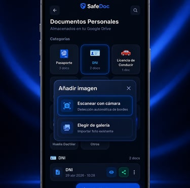 Vista de la app SafeDoc en un móvil, mostrando una interfaz de gestión documental con categorías de 