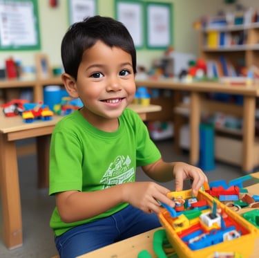 a young boy sitting at a table with a lego - style toy