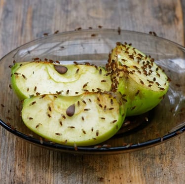 slices of apple with a bunch of Fruit Flies on it