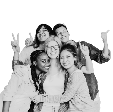 A group of 5 happy young people posing for a photo