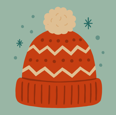 A festive illustration of a red and white knitted beanie with a pom-pom on top, drawn in flat style.