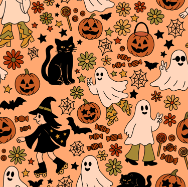 A Halloween-themed seamless pattern with ghosts, cats, witches, pumpkins, bats, and candies.