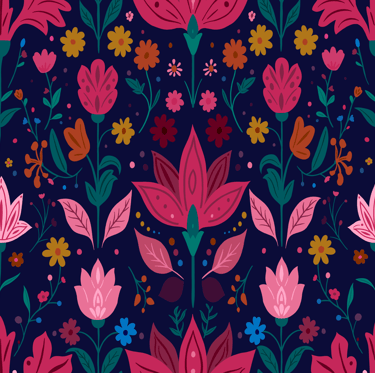A seamless pattern with a variety of flowers and leaves in jewel tone colors on a dark background.