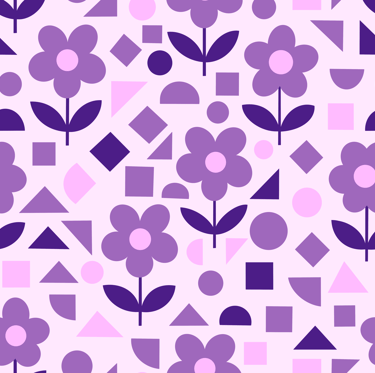 A seamless pattern featuring purple flowers and geometric shapes on a light purple background.