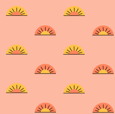 A seamless pattern with small yellow and orange suns on a peach background.