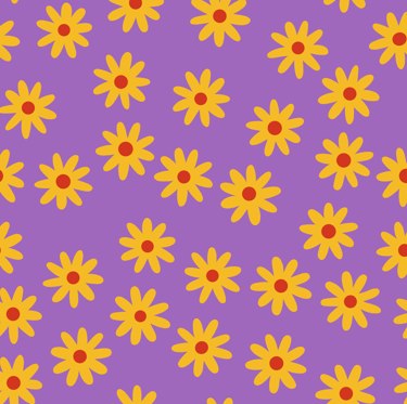 A seamless pattern with bright yellow flowers on a light purple background.