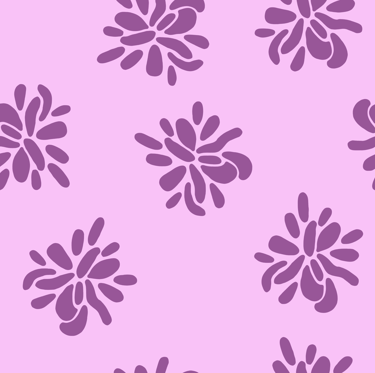 A seamless pattern with purple flower shapes on a light purple background, reminds of a linol print.