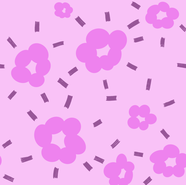 A seamless pattern with purple stripes and floral shapes on a light purple background. 