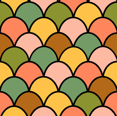 A seamless pattern with green, brown, yellow & peach scales on a light green background.