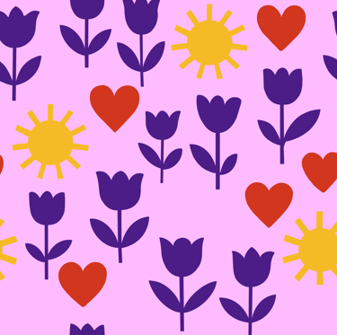 A seamless pattern in flat style with colorful flowers, suns & hearts on a light purple background.