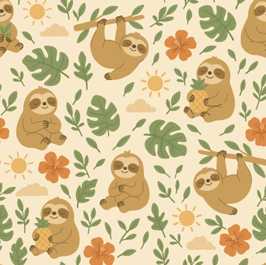 A seamless pattern with sloths, tropical leaves, hibiscus flowers, pineapples, and suns. 