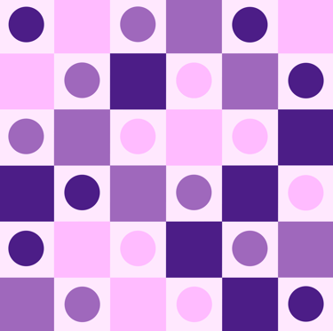 A seamless pattern with a grid of purple squares and circles on a light purple background.