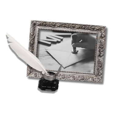 Feather, ink, antique picture frame, picture wax seal being applied to envelope