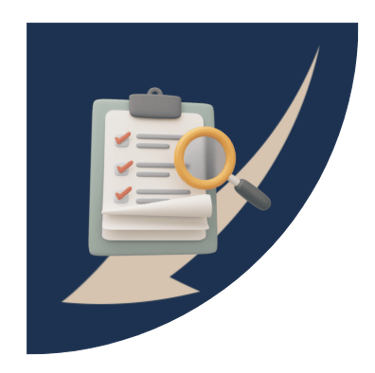 a magnifing glass and a list and an arrow