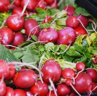 a lot of radishes with green leaves