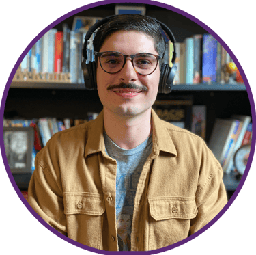 a man with headphones and headphones on a bookshelf