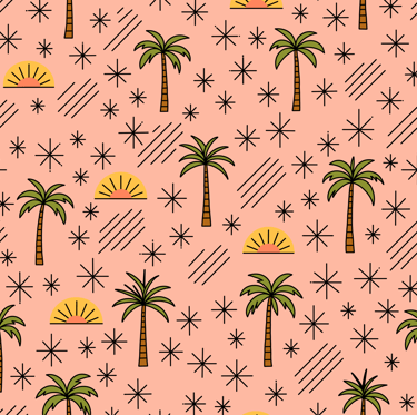 A seamless pattern with palm trees, suns and stars on a peach background. Drawn in a flat style.
