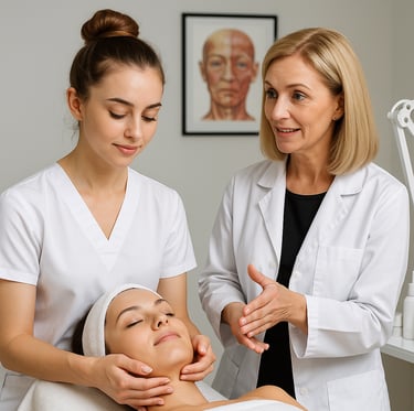 Professional esthetician instructor teaching a student facial massage techniques on a client in a spa clinic.