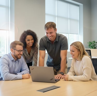 an AI business consultant on laptop explains AI to a group of people sitting around a table