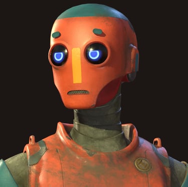Two headshots of a robot: one facing the camera, showcasing its front features, and the other turned
