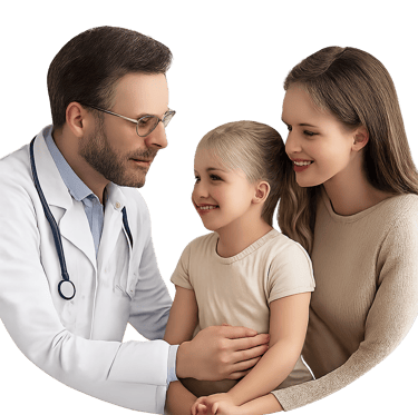 A circular photograph showing the doctor interacting gently with a young child and a parent during a consultation.