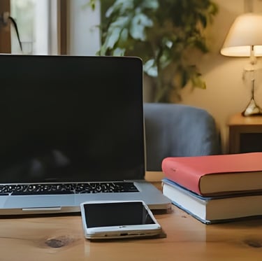 Work desk with laptop, phone and books illustrating a professional setting