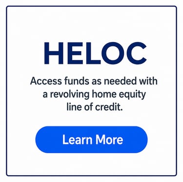 A blue and white graphic explaining how to access funds with a revolving home equity line of credit or HELOC.