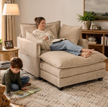 A woman relaxes on a beige chaise lounge chair while a young boy reads on the rug in a cozy living room.