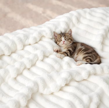 Adorable tabby kitten sleeping peacefully on a soft white textured blanket.