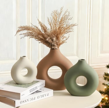 Modern ceramic vase set of 3 decorative hollow vases for living room coffee table and minimalist home decor.