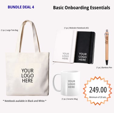 Basic onboarding essentials bundle with notebook, bamboo pen, tote bag, and mug personalized for emp